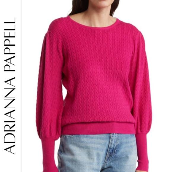 ADRIANNA PAPELL Cable Knit Puff Sleeve Crewneck Sweater, L, NWT! - Picture 1 of 9